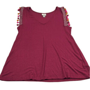 A new day burgundy sleeveless top with pompom trim